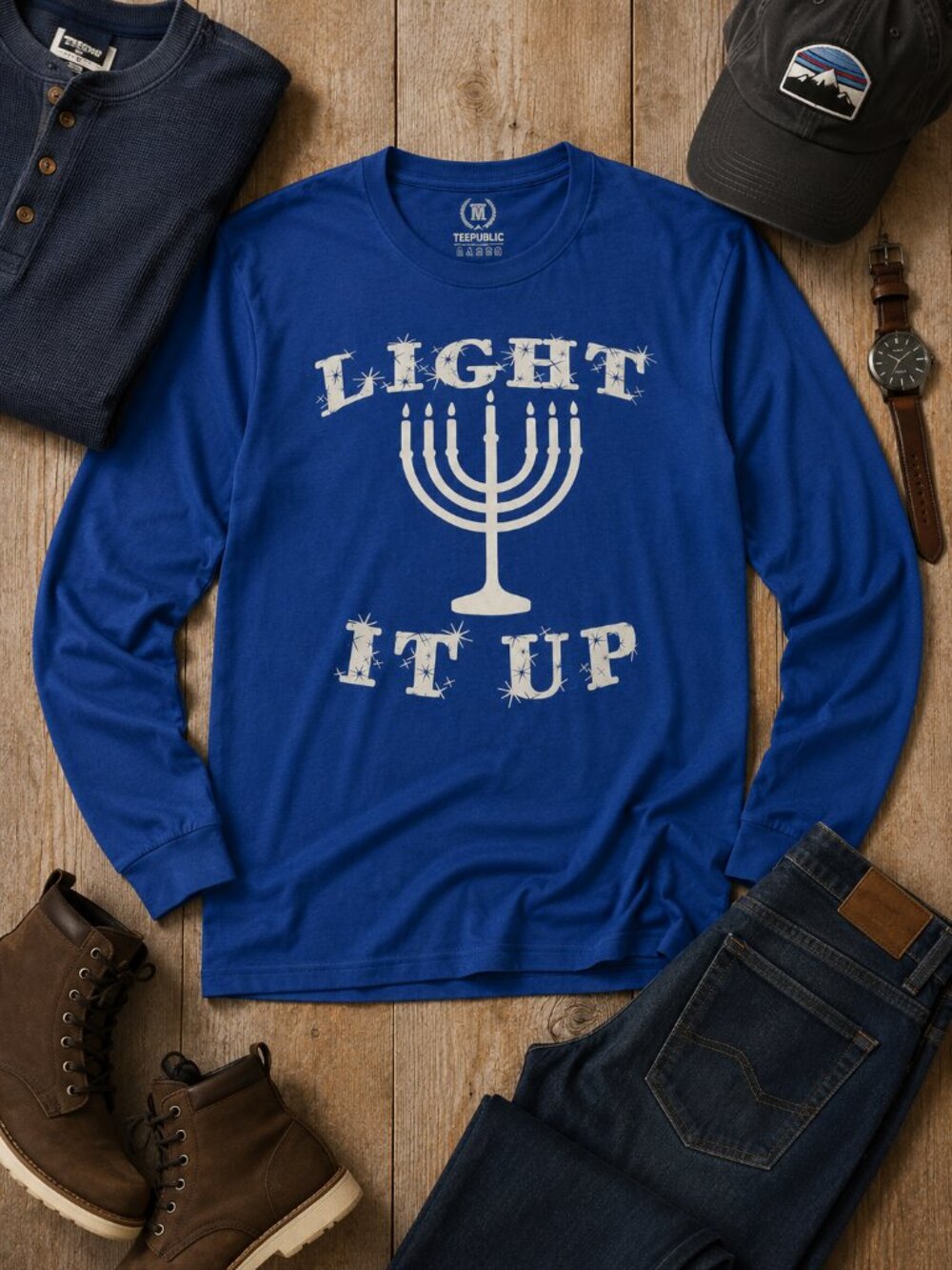 Men's Hanukkah “Light It Up” Blue Menorah Graphic Long Sleeve Holiday Tee | Sz M
